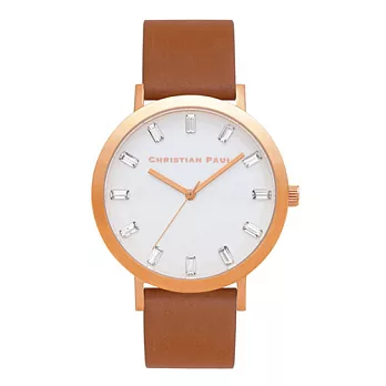 Christian Paul 奢華水晶玫瑰金系列 白錶盤/棕色皮革錶帶手錶43mm