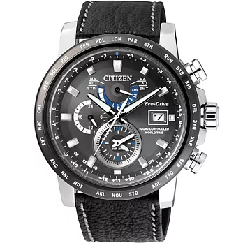 CITIZEN Eco-Drive 極地暮光時尚電波優質男性腕錶-黑皮革-AT9071-07E