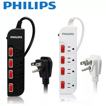 【PHILIPS 飛利浦】過載防護型 4開4插3孔電源延長線 (1.8M) SPB1641_白色