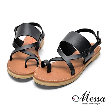 【Messa米莎專櫃女鞋】MIT簡約條紋造型休閒平底涼鞋37黑色