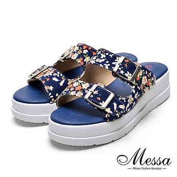 【Messa米莎專櫃女鞋】MIT迷人金屬扣環花漾厚底拖鞋36藍色