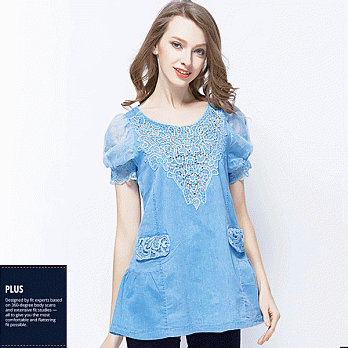 【SCL南加州丹寧時尚】T1635 時尚歐風鑲鑽甜美蕾絲修身長版牛仔上衣 (M-5L)5XL藍色