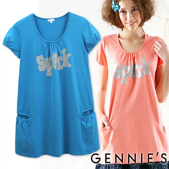 【Gennies奇妮】閃亮字母繽紛素面春夏孕婦上衣-藍M藍