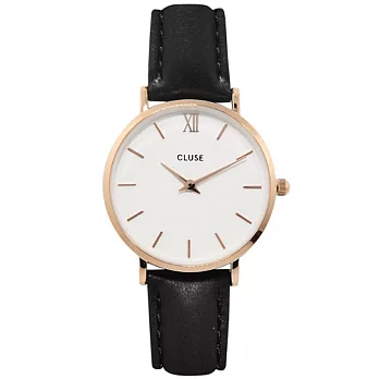 CLUSE 荷蘭精品手錶 MINUIT玫瑰金色系列 白錶盤/黑色皮革錶帶33mm