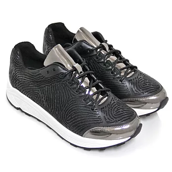 ◤Green Phoenix◥BIS-VITAL 未來時尚3D列印指紋紋路金屬光感綁帶牛皮厚底休閒鞋36黑色