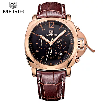 MEGIR 3006 時尚真三眼多功能石英防水運動錶 - 玫框黑面