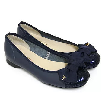 ◤Green Phoenix◥金屬爆裂紋緞面蝴蝶結全真皮平底娃娃鞋6.5藍色