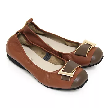 ◤Green Phoenix◥秋分柔情雙彩金屬交叉裝飾束口全真皮平底娃娃鞋21.5橙色