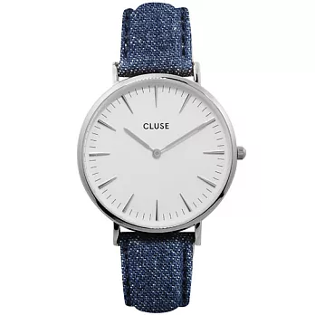CLUSE荷蘭精品手錶 波西米亞丹寧銀色系列 白錶盤/藍色皮革錶帶38mm