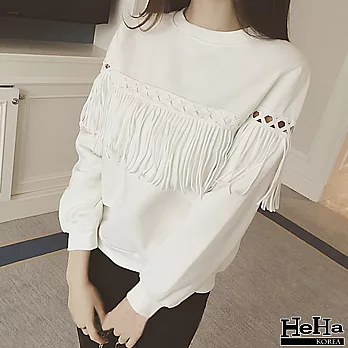 T恤 流蘇鏤空寬鬆長袖上衣 二色-HeHa-XL（白色）
