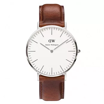 DW Daniel Wellington 時尚棕色皮革腕錶-銀框/40mm(0207DW)