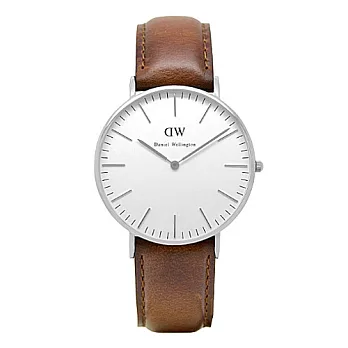 DW Daniel Wellington 時尚棕色皮革腕錶-銀框/36mm(0607DW)