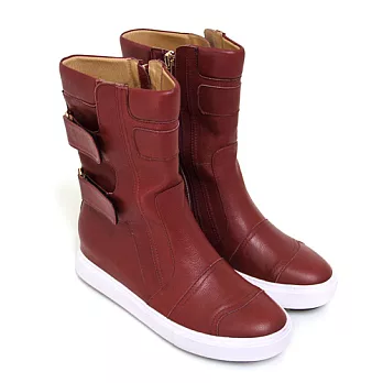 ◤Green Phoenix◥BIS-VITAL 極簡線條沾黏式日本進口牛皮平底中筒靴37紅色