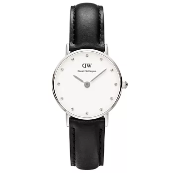 DW Daniel Wellington 時尚水鑽黑色皮革女錶-銀框/26mm(0921DW)