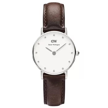 DW Daniel Wellington 施華洛世奇水晶咖啡色皮革女錶-銀框/26mm(0923DW)