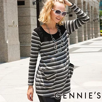 【Gennies奇妮】Faravani系列-時尚灰條紋大口袋秋冬長袖上衣M灰條紋