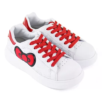 HELLO KITTY 朵結拼接綁帶休閒厚底板鞋23.5白紅色