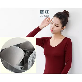 莫代爾舒適免穿Bra長袖T恤L酒紅色