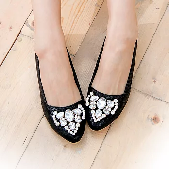 【AMEBER】典雅小羊皮亮片水鑽尖頭寬楦小楔型鞋內增高平底-黑色22.5黑色