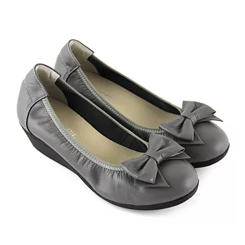 ◤Green Phoenix◥立體蝴蝶結束口帶全真皮楔型娃娃鞋22灰色