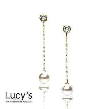 Lucy’s 古典美人鑲鑽垂墜白珍珠耳環華麗金