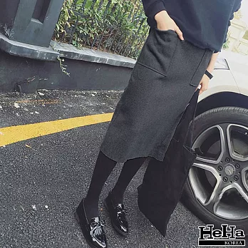 中長裙 彈性腰圍毛呢後開叉半身裙 二色-HeHa-M（深灰）