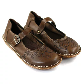 SNAIL蝸牛 印花圖騰手工縫製真皮平底瑪莉珍鞋35綠色