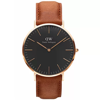 Daniel Wellington 經典棕色皮革腕錶-金框/40mm(DW00100126)