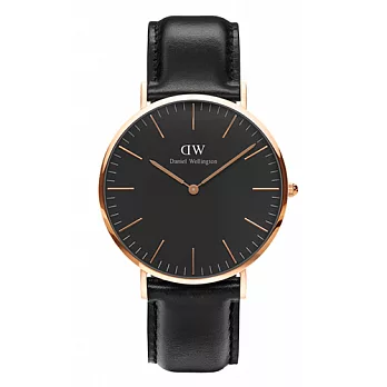 Daniel Wellington 經典黑色皮革腕錶-金框/40mm(DW00100127)
