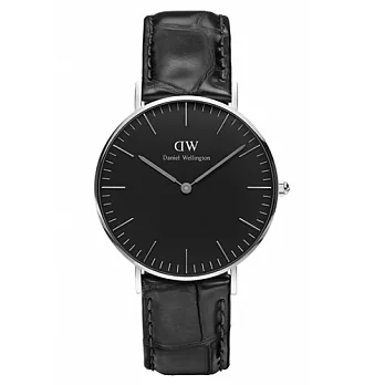 Daniel Wellington 經典黑色壓紋皮革腕錶-銀框/36mm(DW00100147)
