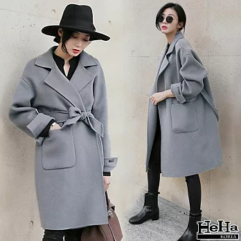 外套 寬鬆加厚長版毛呢大衣 二色(附腰帶)-HeHa-L（灰色）