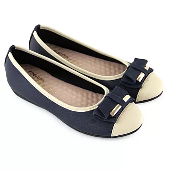 【Pretty】典雅立體朵結小坡跟娃娃鞋23藍色