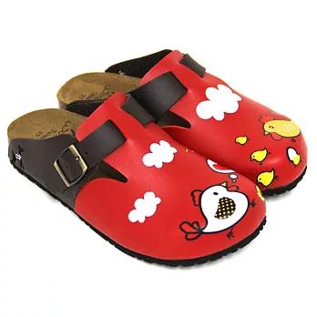 【Pretty】童趣小雞一家塗鴉真皮前包後空拖鞋35紅色