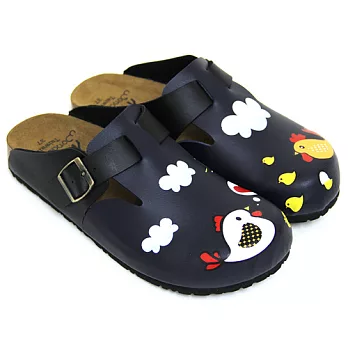 【Pretty】童趣小雞一家塗鴉真皮前包後空拖鞋35藍色