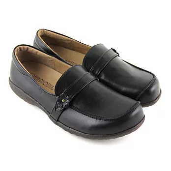 ◤Green Phoenix◥簡單立體小花朵套入式臘感牛皮厚底休閒鞋34.5黑色