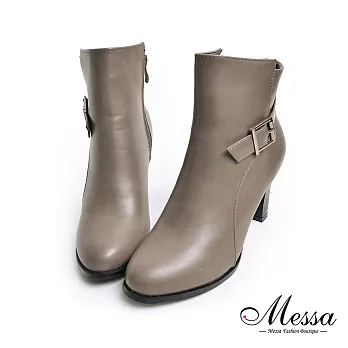 【Messa米莎專櫃女鞋】個性時尚皮帶造型素面圓頭高跟踝靴36灰色