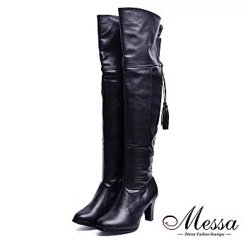 【Messa米莎專櫃女鞋】獨領風騷側拉鍊綁帶造型過膝高跟長靴36黑色