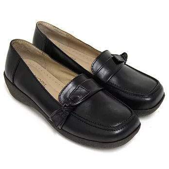 ◤Green Phoenix◥扭轉蝴蝶結套入式臘感牛皮厚底休閒鞋34.5黑色