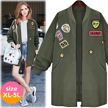 【SCL南加州丹寧時尚】J0901兩色軍綠黑時尚圓領徽章長大衣拉鏈外套XL黑色