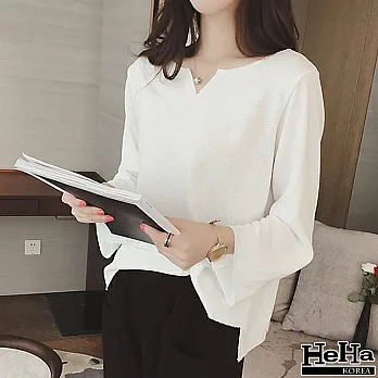 上衣 V領喇叭袖打底薄款針織衫 三色-HeHa-S（白色）