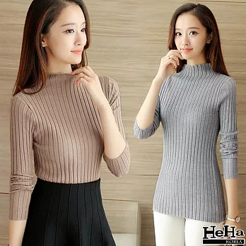 上衣 彈性針織半高領直紋打底毛衣 五色-HeHa-FREE（灰色）