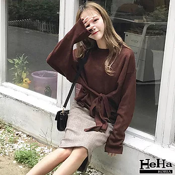 T恤 寬鬆繫帶圓領長袖上衣 咖啡色-HeHa-FREE*