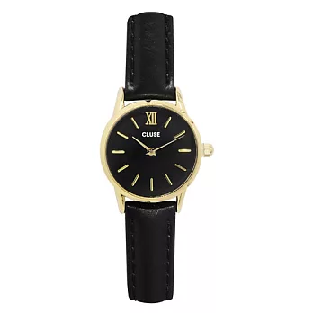CLUSE荷蘭精品手錶 VEDETTE金色系列 黑色錶盤/黑色皮革錶帶24mm