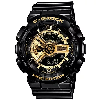 【CASIO】卡西歐 G-SHOCK系列 型男時尚狂野重機雙顯電子錶 (黑/金 GA-110GB-1A)