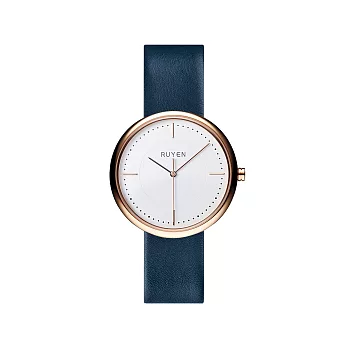 RUYEN 經典系列​手​錶 38mm玫瑰金 白色錶面 深藍色皮錶帶