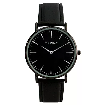 SKMING 優雅大方簡約刻度錶盤文青皮帶錶 - 黑色