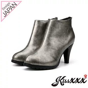 【KissXXX】經典牛紋皮革美腿顯瘦效果高跟短靴35灰