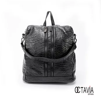 OCTAVIA - just BLACK系列 方型雙鍊鱷紋水洗牛皮後背包 - 壓紋黑