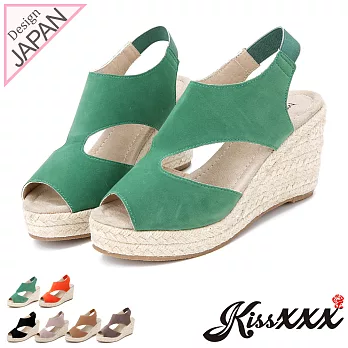 【KissXXX】羅馬風糖果色系絨面舒適麻編坡跟涼鞋36綠