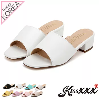 【KissXXX】清新氣質馬卡龍色系絨面小方頭一字款中跟時尚拖鞋35白